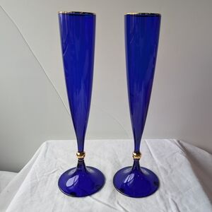 Rogaska Blue Gold Rim & Ball Stem Champagne Flutes Vintage - 2